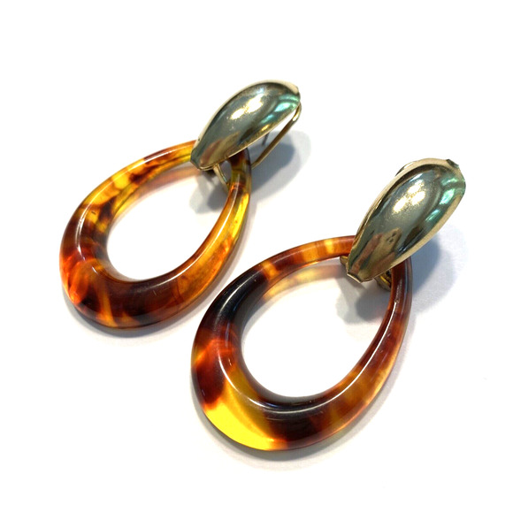 Vintage Pierced Earrings Faux Tortoise Shell Hoops Doorknockers Drop & Dangle - Picture 2 of 7